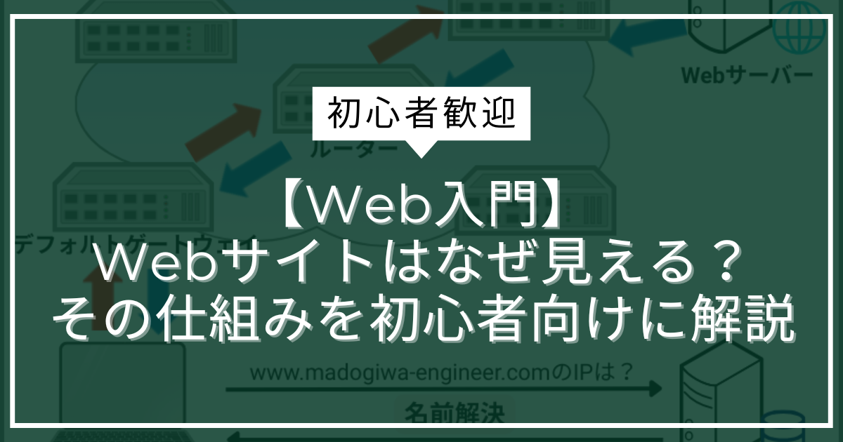 Webサイトが表示されるまでの通信の流れを示すフロー図。ブラウザ、DNSサーバー、ルーター、Webサーバーが連携して情報をやり取りする仕組みを図解で解説。